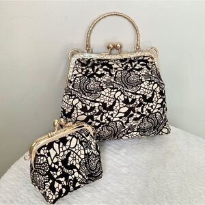 Handmade Real Hair-on-horsehide Black Lace Print Kisslock Bag & Small Purse Set